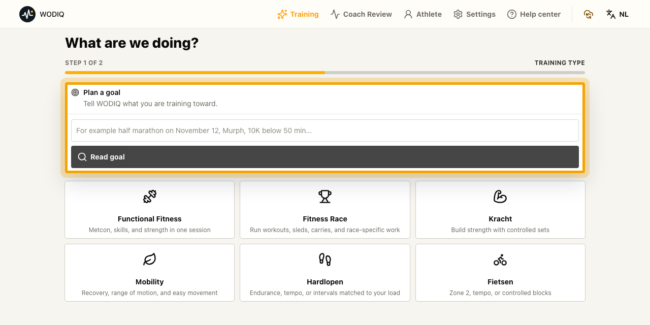 WODIQ planning screen showing a demo goal intake and training type selection.