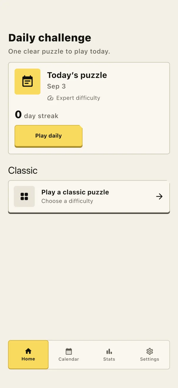 Sudoku: Tessera home screen with Daily and Classic puzzles