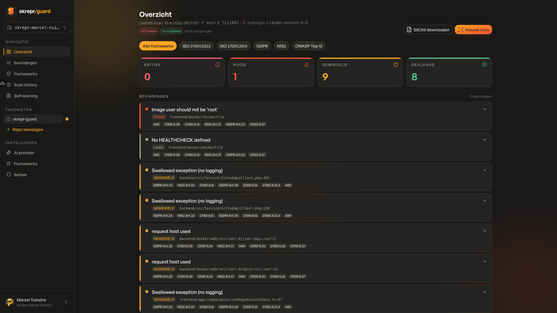 Skrepr Guard dashboard showing a repository security scan mapped to compliance frameworks.