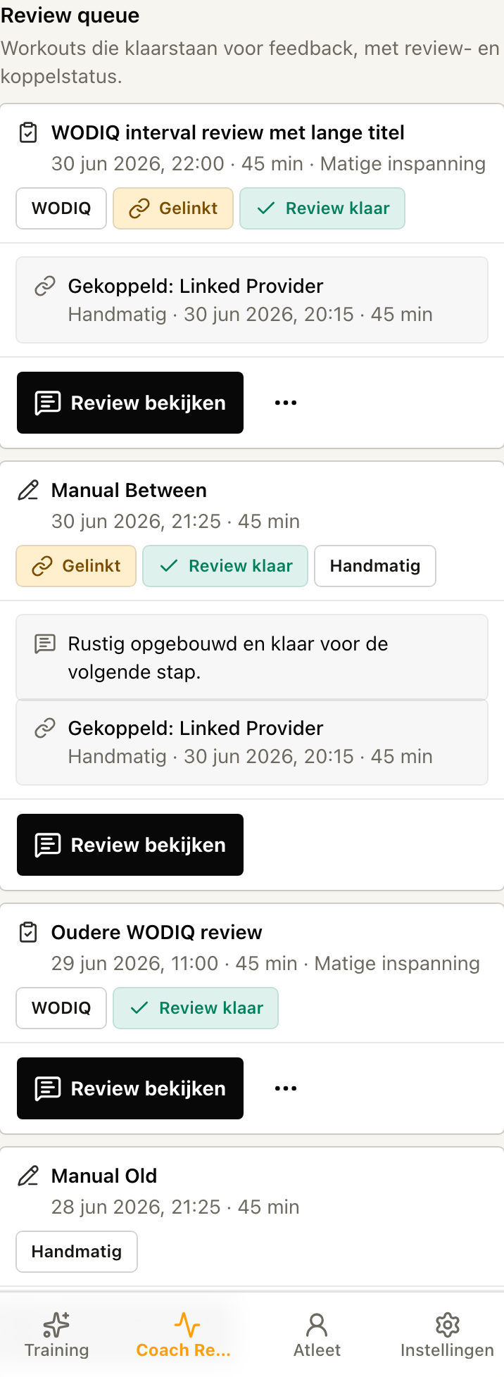 WODIQ Coach Review screen showing a review queue, linked activity and review status with no personal data visible.